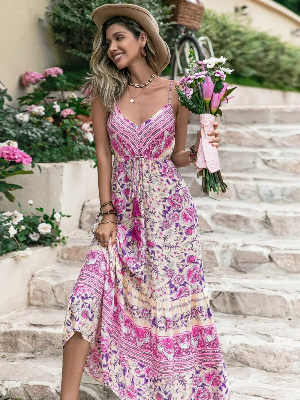 Tassel Printed V-Neck Maxi Dress, image 3