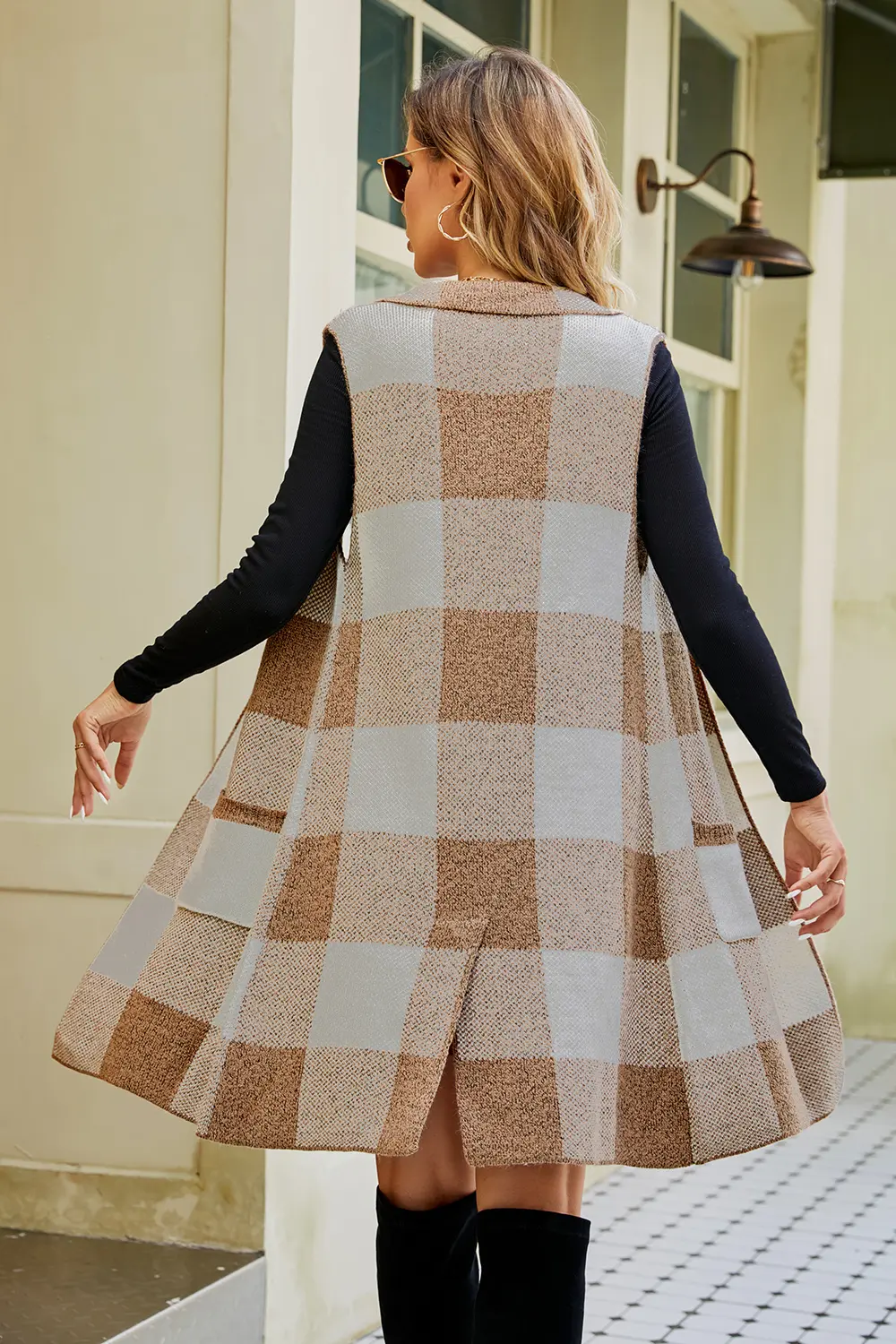 Plaid Open Front Sleeveless Cardigan with Pockets, image 7