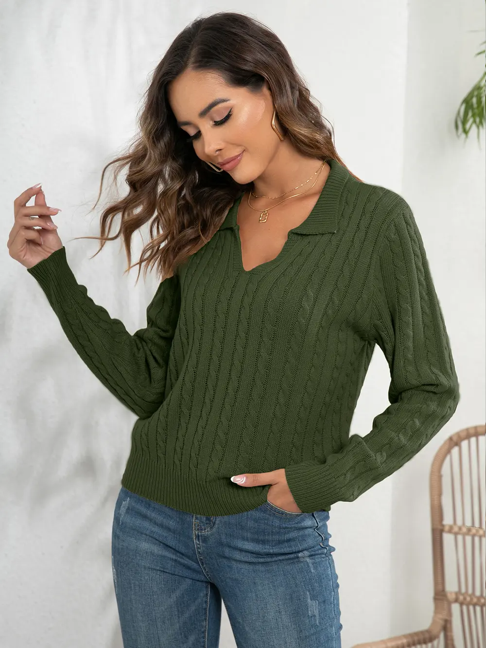 Johnny Collar Cable-Knit Long Sleeve Sweater, image 3