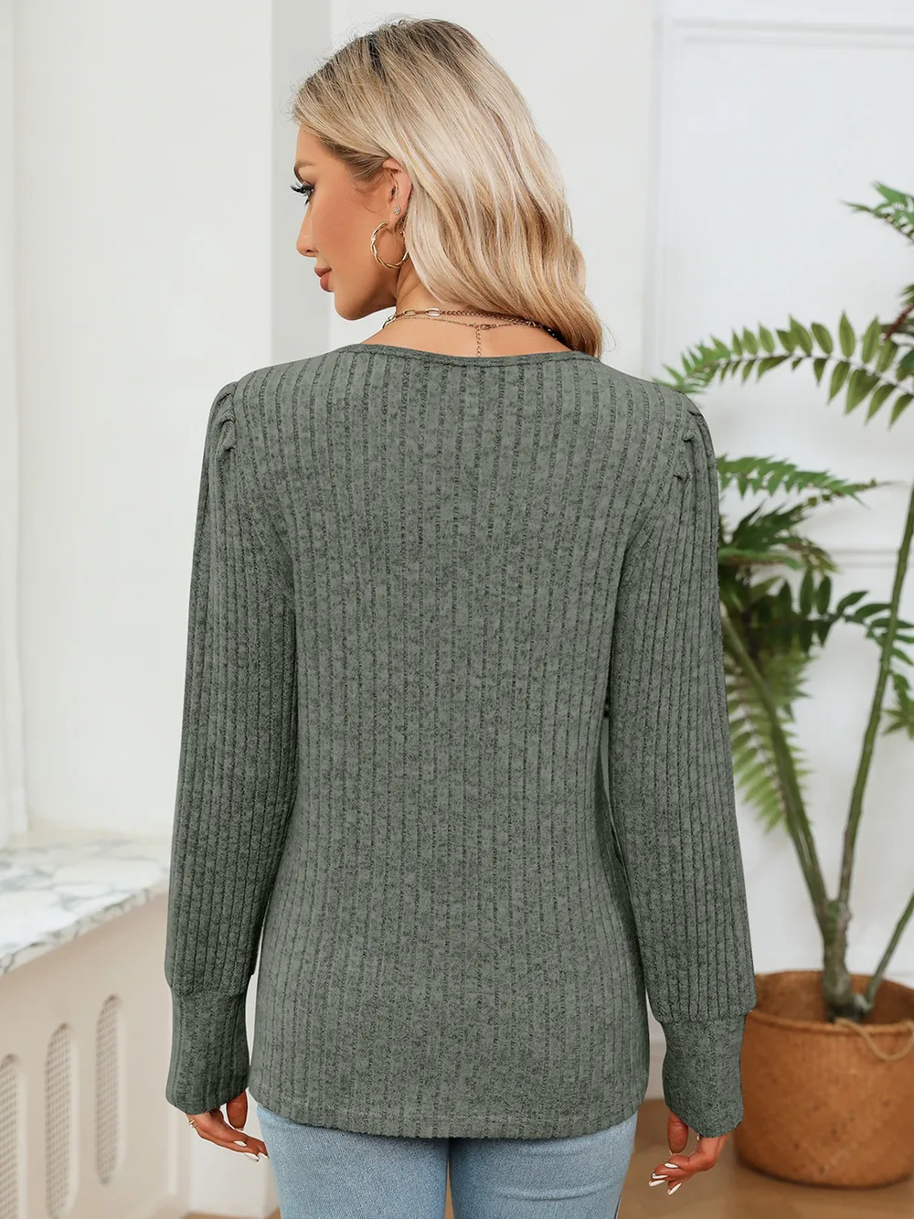 Lace Detail V-Neck Ribbed Blouse, image 18