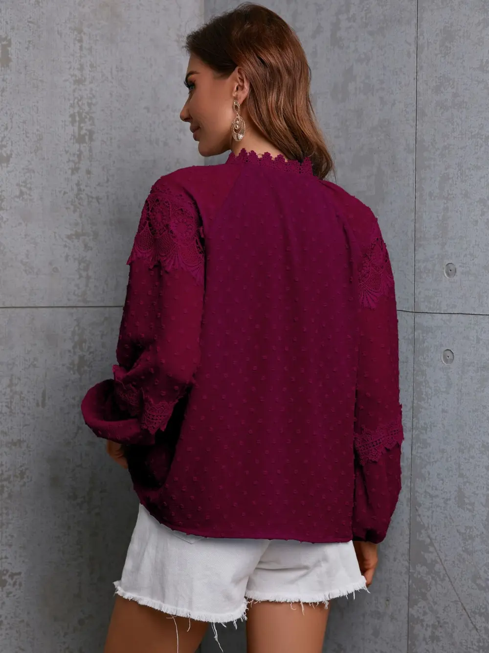 Crochet Tassel Tie Neck Long Sleeve Blouse, image 2