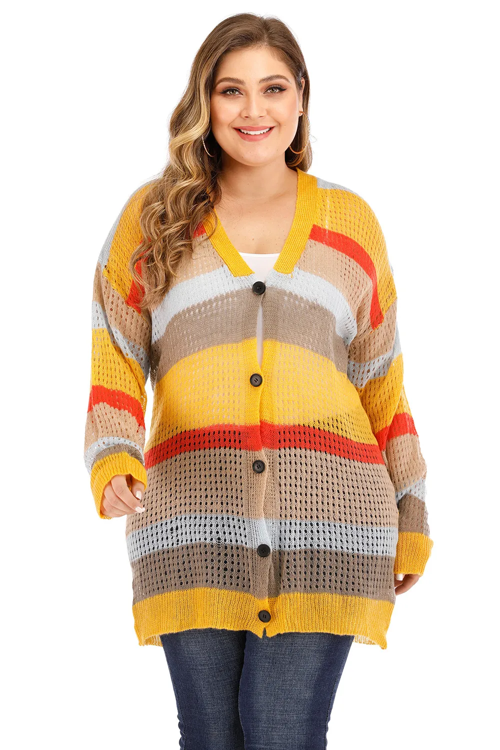 Plus Openwork Color Block Button Up Cardigan, image 3