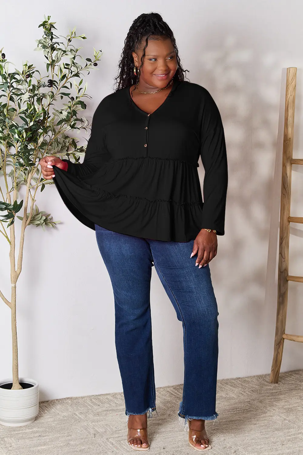 Half Button Long Sleeve Ruffle Hem Blouse, image 14