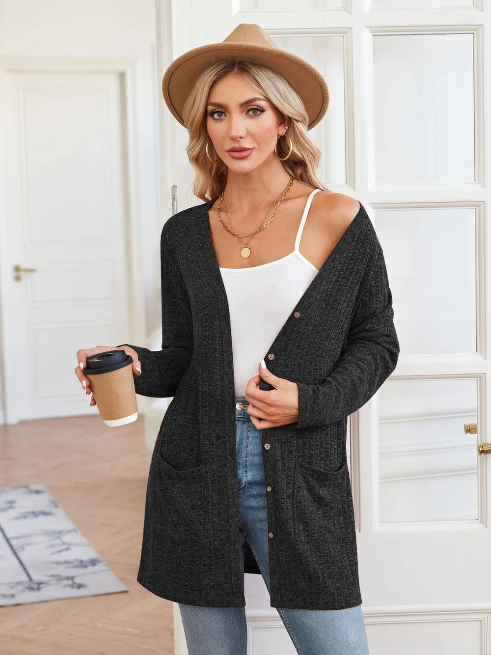Ribbed Button Up Cardigan with Pockets, image 6