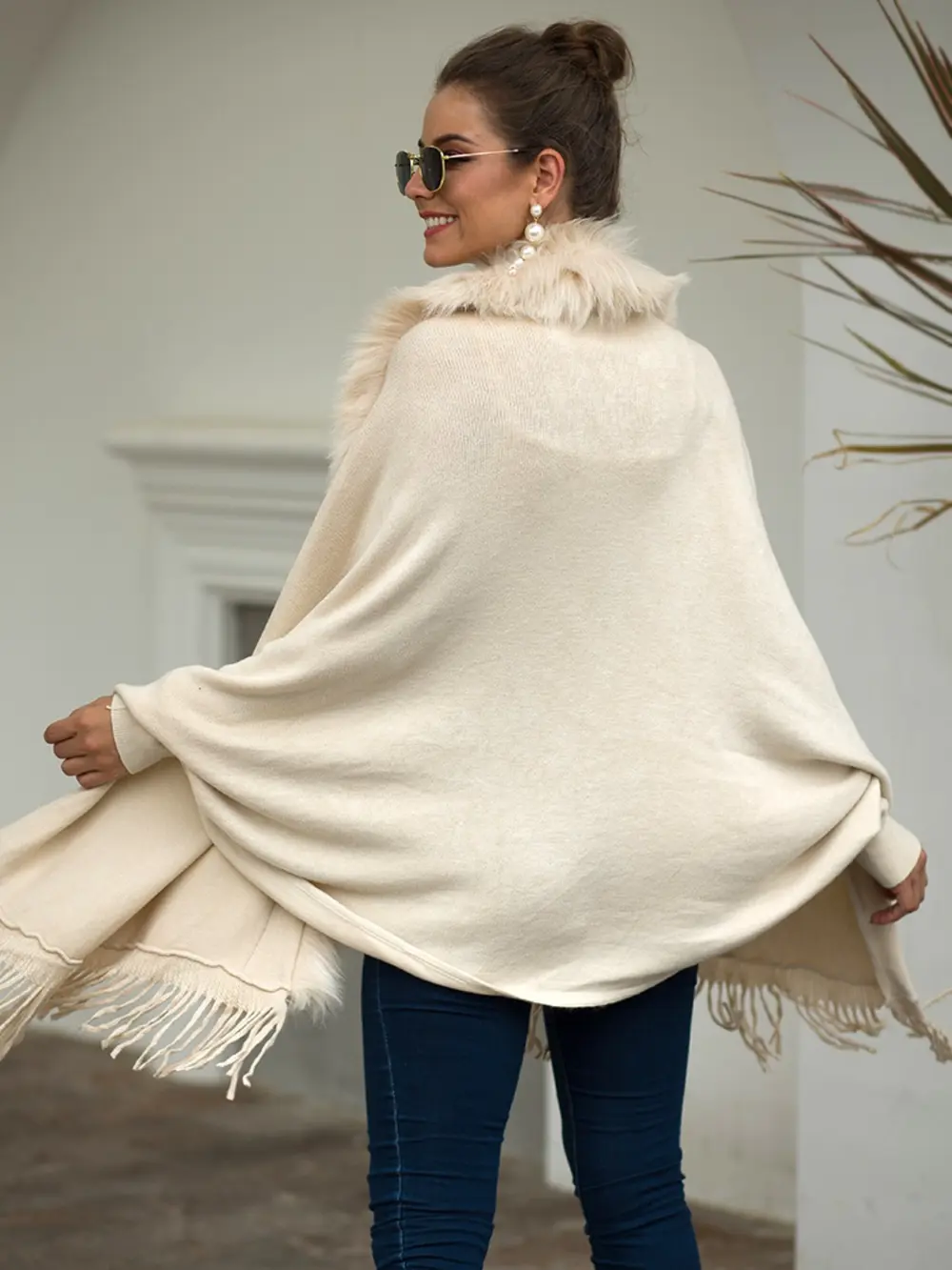 Fringe Open Front Long Sleeve Poncho, image 3