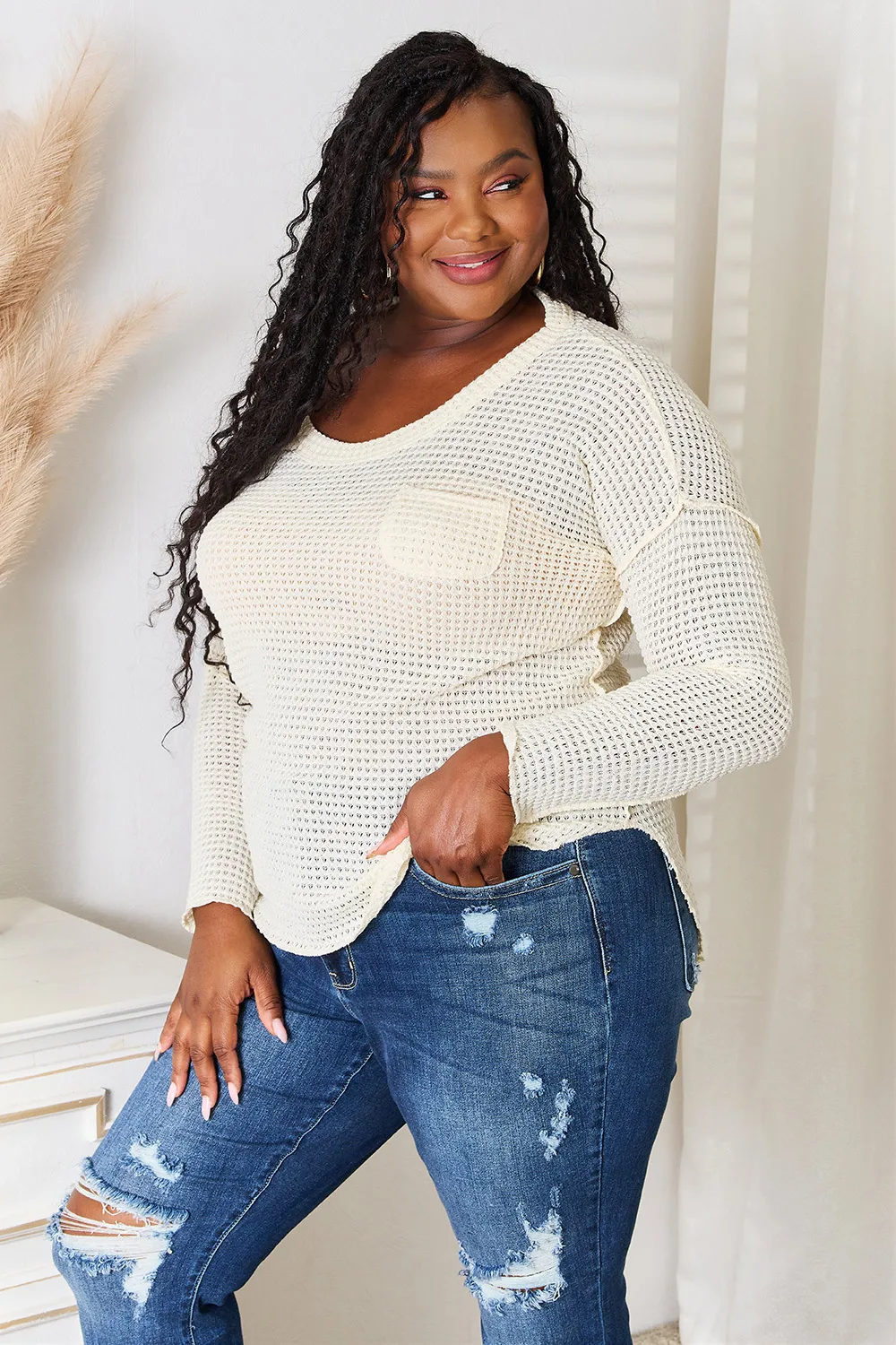 Full Size Scoop Neck Patch Pocket Top, image 3