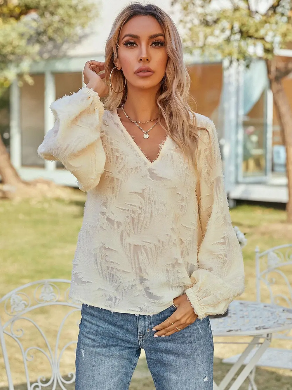 V-Neck Long Sleeve Blouse, image 2