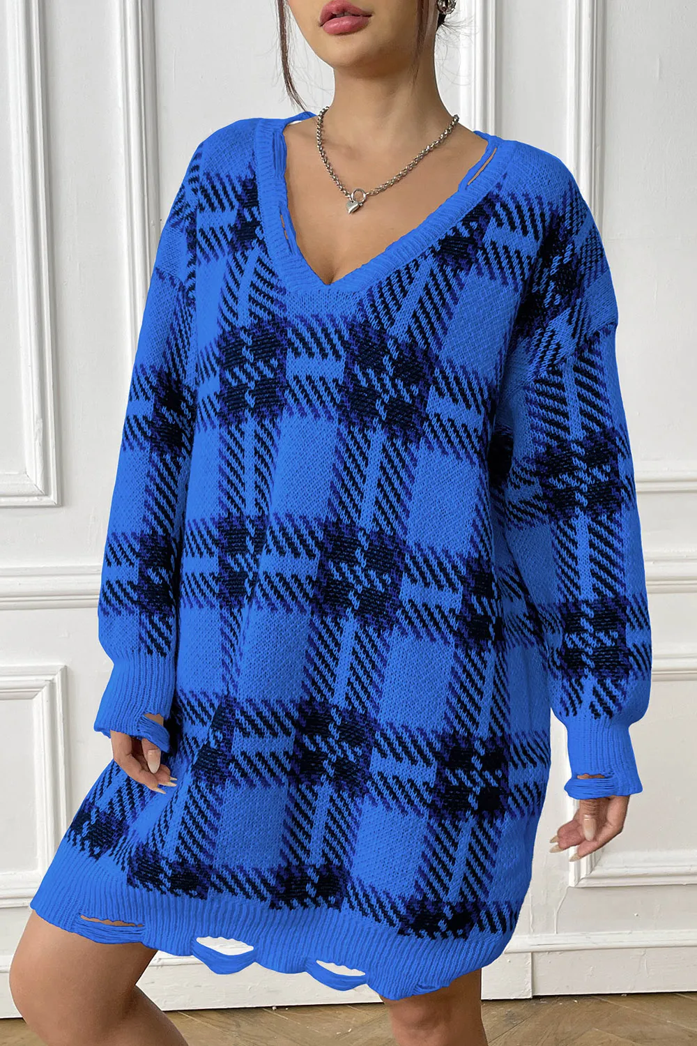 Plaid V-Neck Long Sleeve Sweater Dress, image 6
