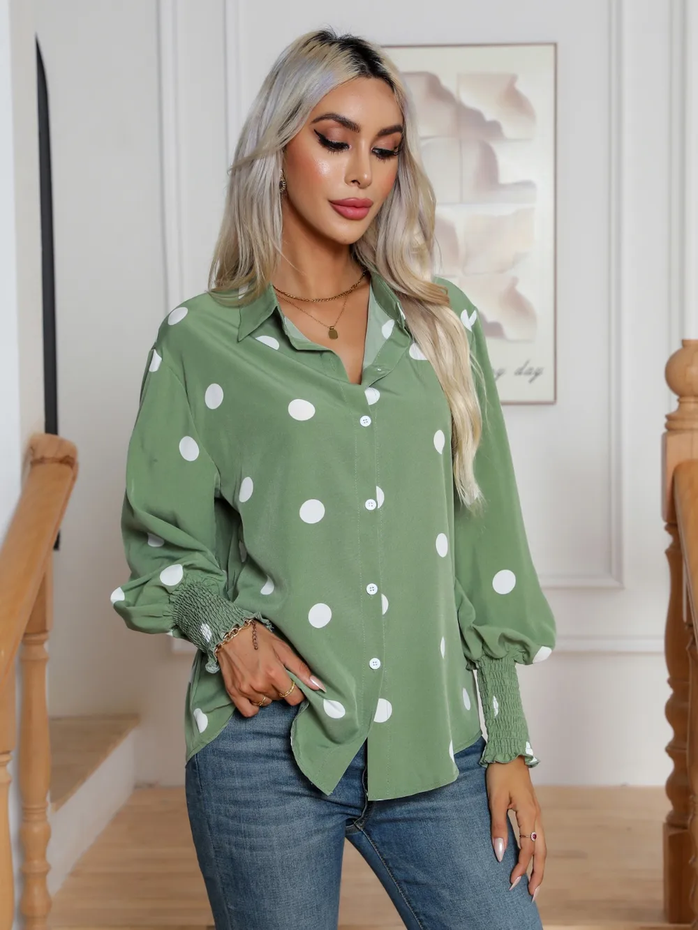 Polka Dot Collared Neck Buttoned Lantern Sleeve Shirt, image 3