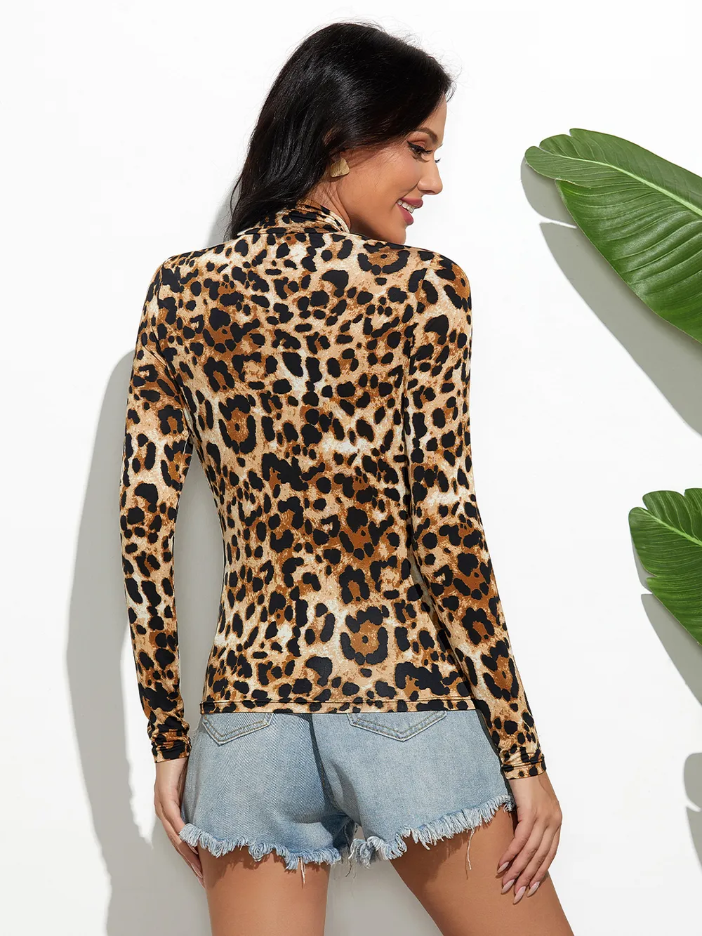 Leopard Mock Neck Long Sleeve T-Shirt, image 2