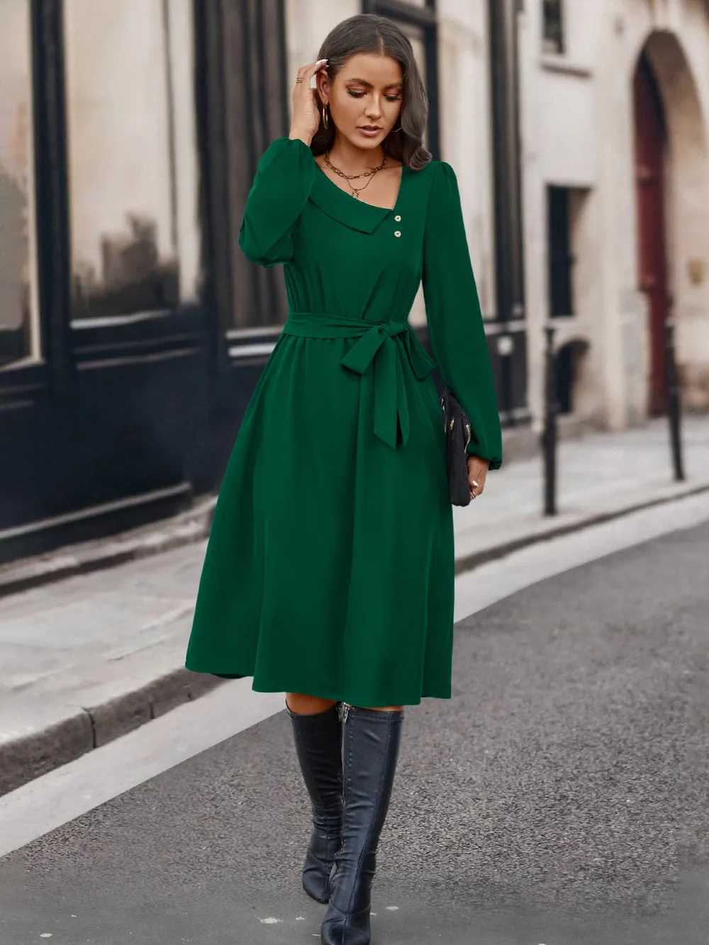 Buttoned Tie Front Long Sleeve Asymmetrical Neck Dress, image 7