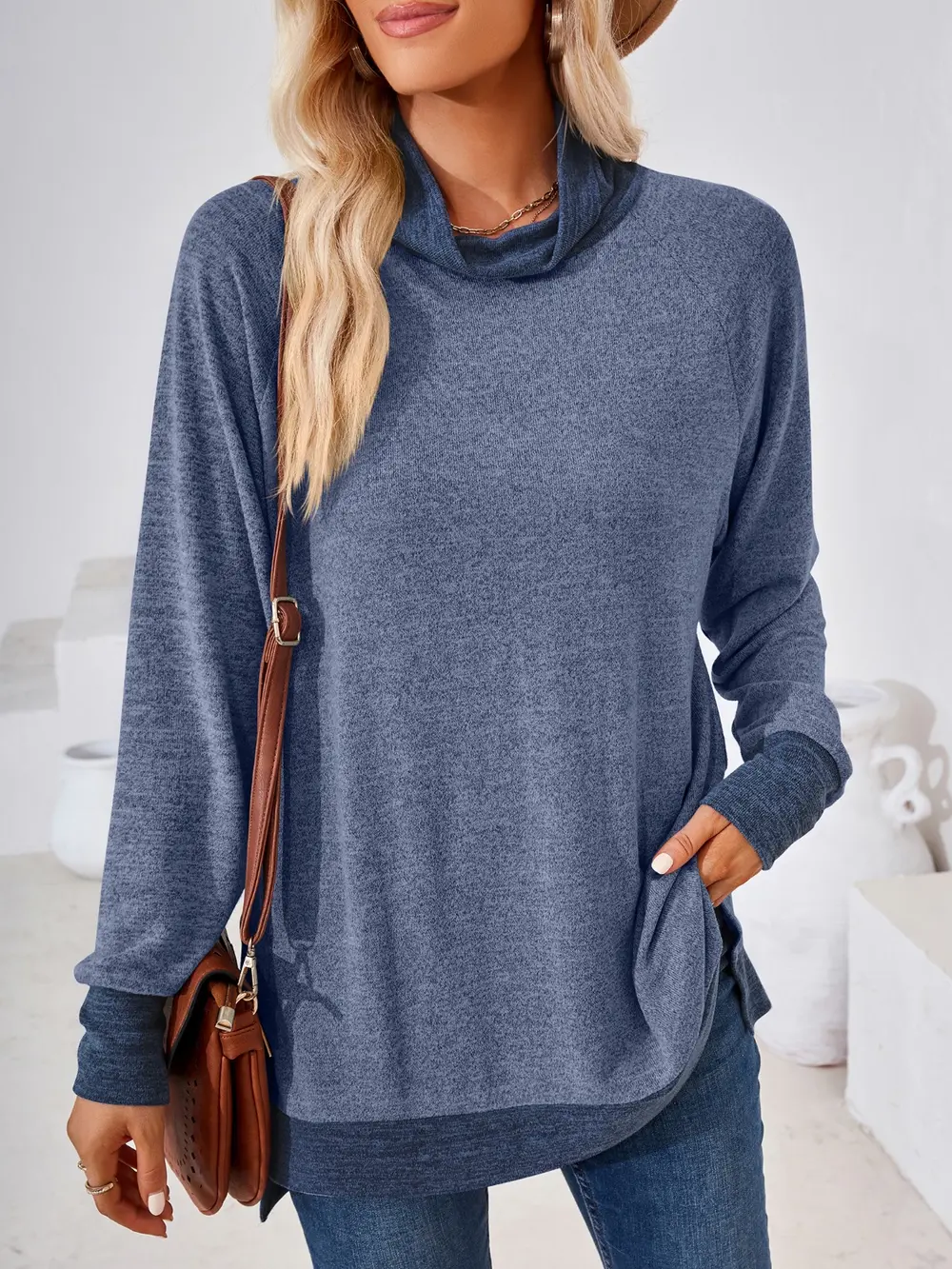 Contrast Mock Neck Long Sleeve T-Shirt, image 2