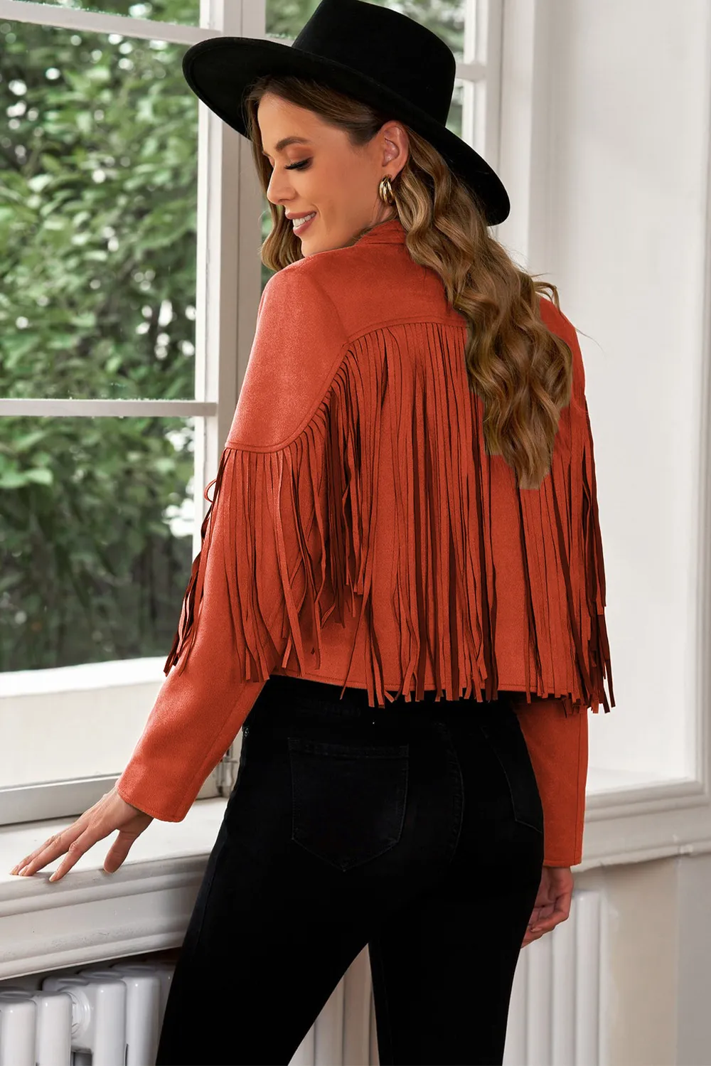 Fringe Trim Lapel Collar Cropped Blazer, image 14