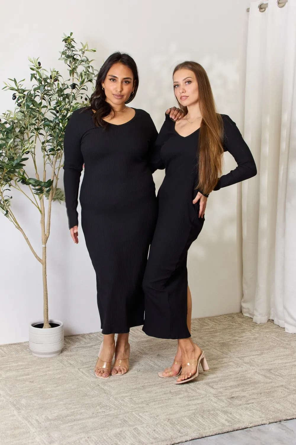 Full Size Ribbed Long Sleeve Midi Slit Dress, image 11