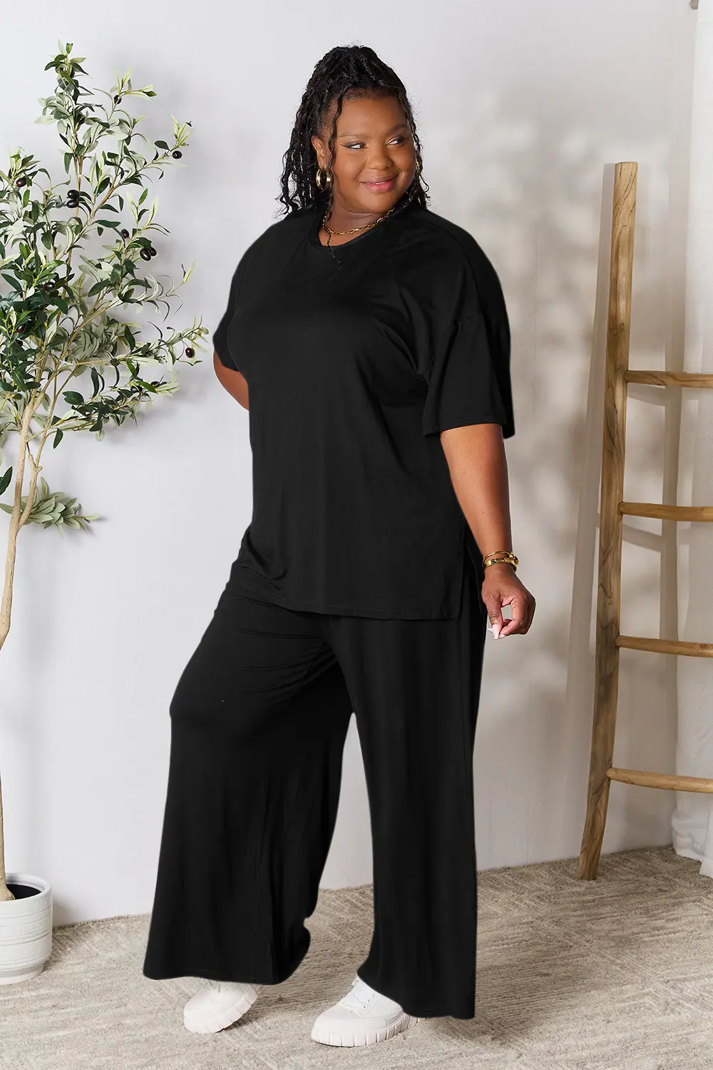 Full Size Round Neck Slit Top and Pants Set, image 17
