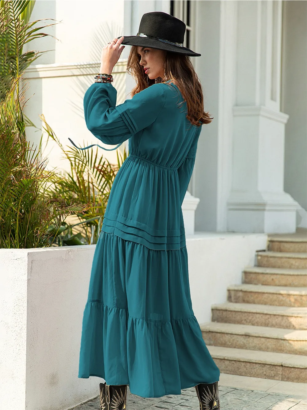 Tie Neck Long Sleeve Midi Tiered Dress, image 15
