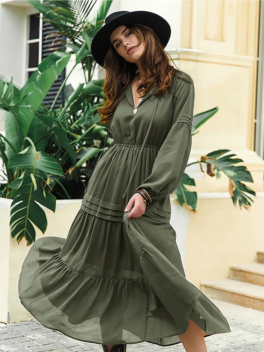 Tie Neck Long Sleeve Midi Tiered Dress, image 16