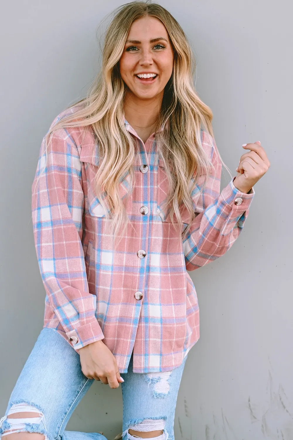 Plaid Pocketed Collared Neck Button Up Jacket, image 3