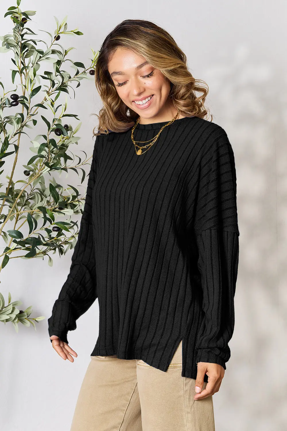 Full Size Ribbed Round Neck Slit Knit Top, image 22
