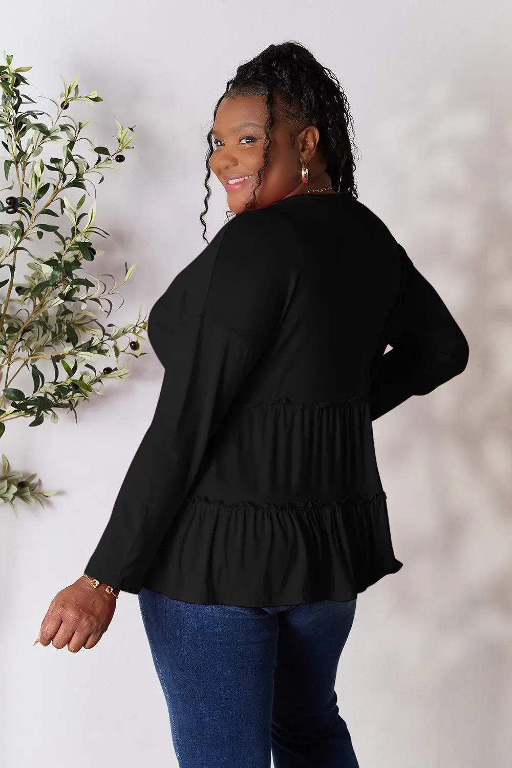 Half Button Long Sleeve Ruffle Hem Blouse, image 15