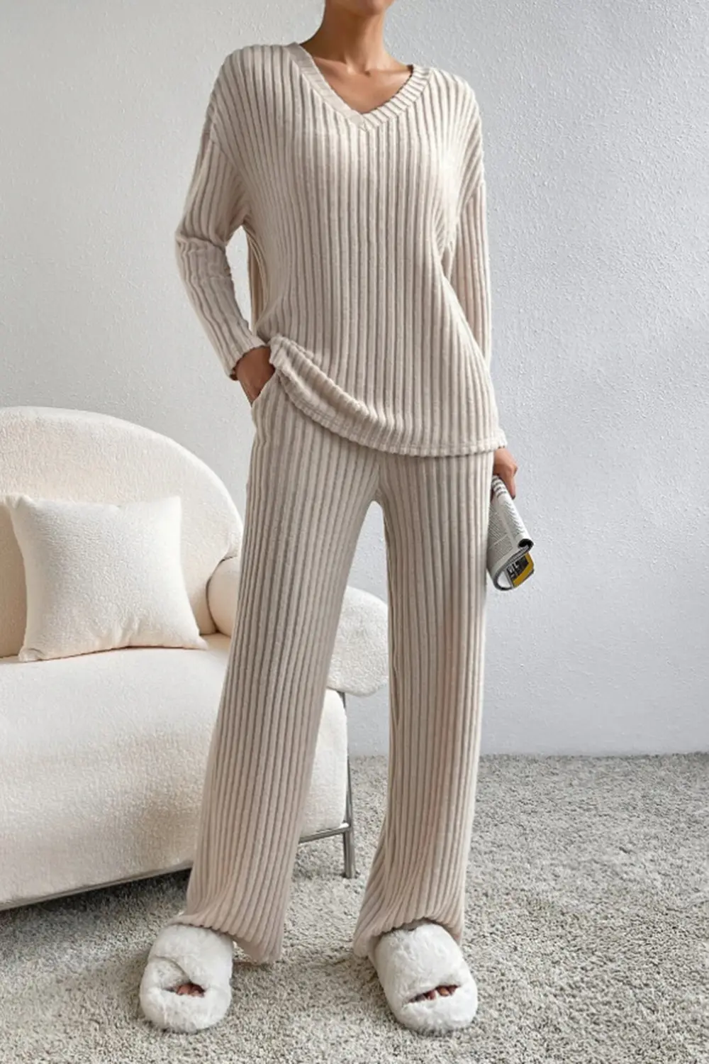 Ribbed V-Neck Top and Pants Set, image 16