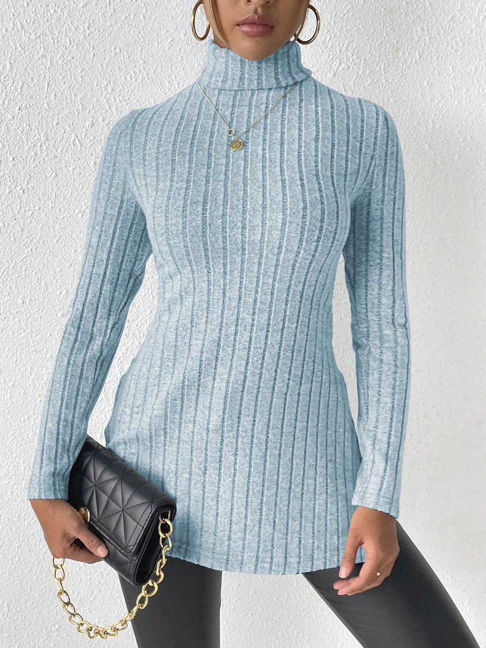Ribbed Turtleneck Long Sleeve Slit T-Shirt, image 11
