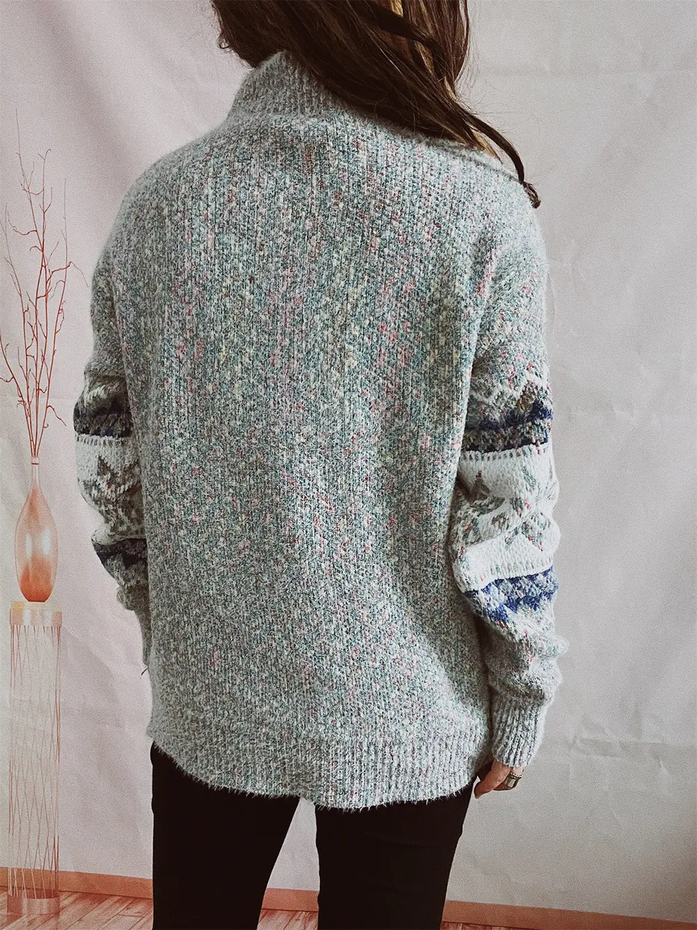 Geometric Mock Neck Dropped Shoulder Sweater, image 15