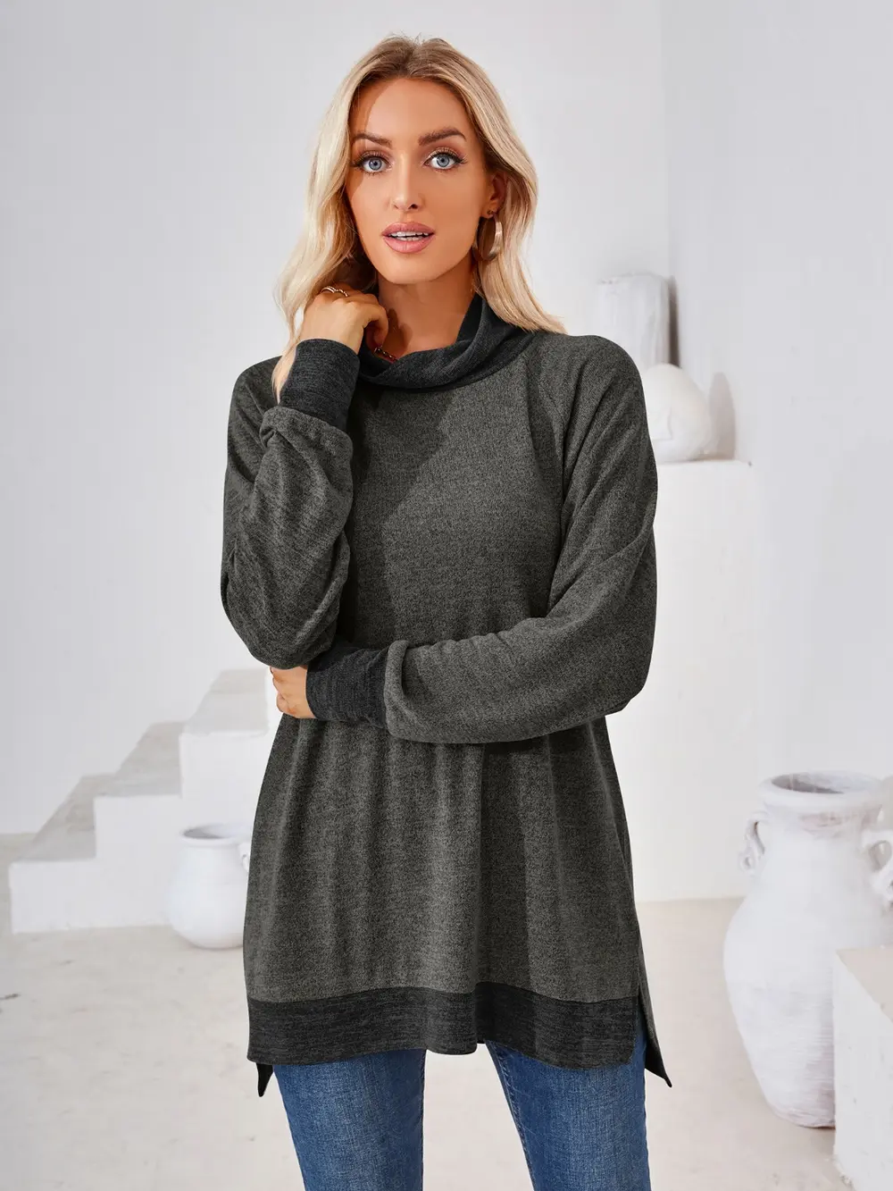 Contrast Mock Neck Long Sleeve T-Shirt, image 29