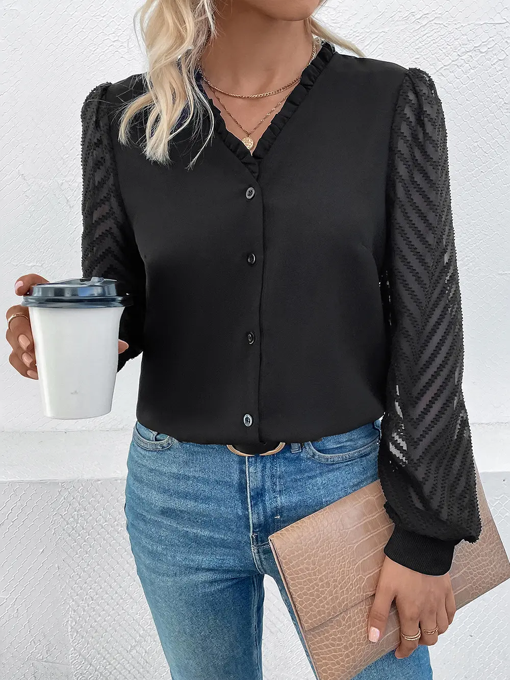 Mesh V-Neck Button Front Blouse, image 4