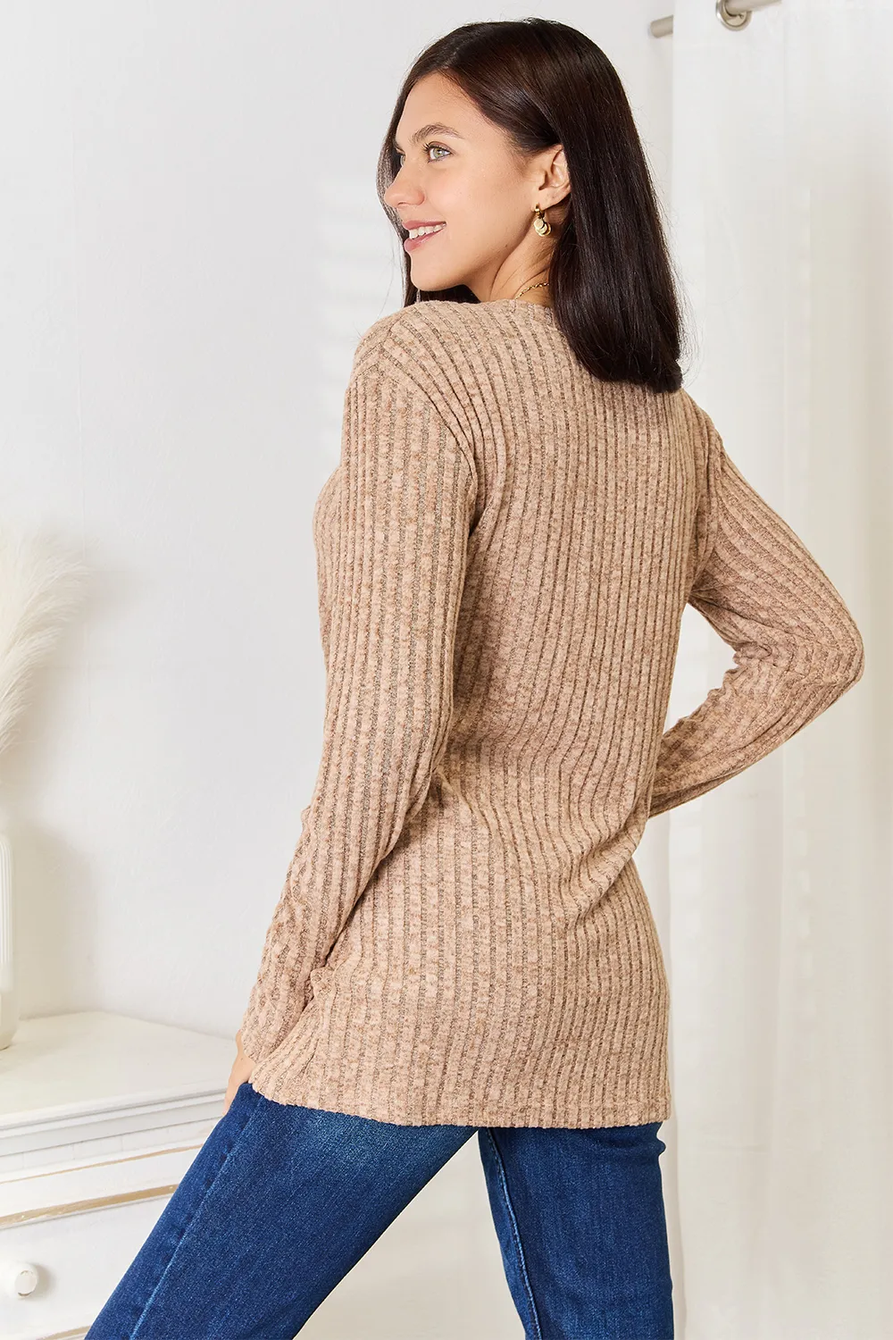 Notched Neck Ribbed Long Sleeve T-Shirt, image 5