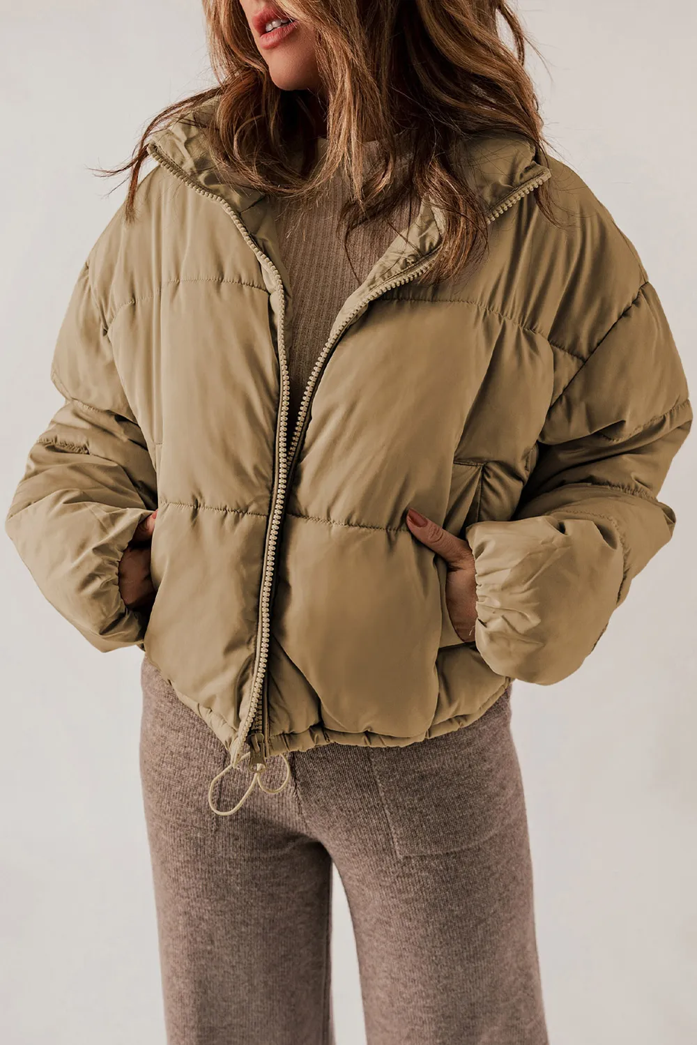 Zip Up Collared Neck Long Sleeve Winter Coat, image 7