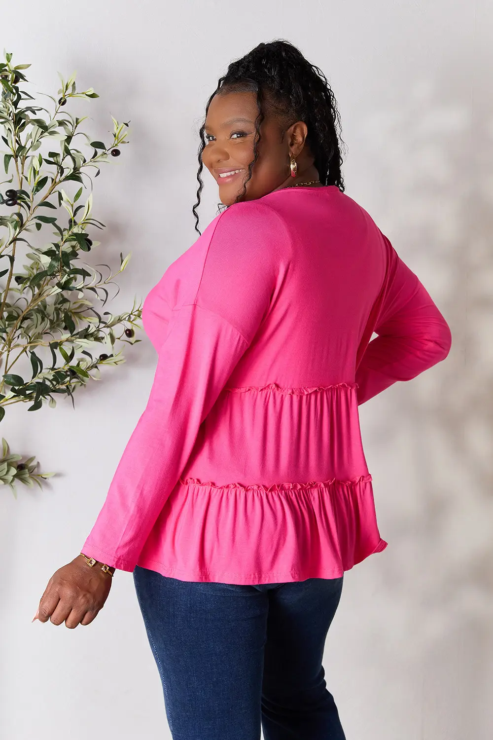 Half Button Long Sleeve Ruffle Hem Blouse, image 16