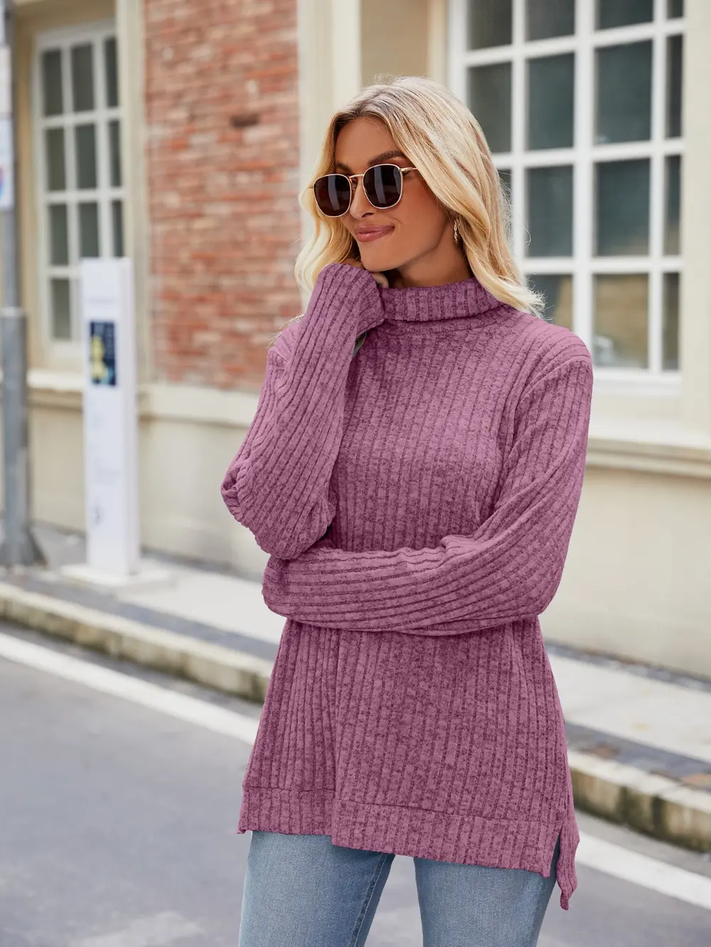 Ribbed Turtleneck Long Sleeve Slit Knit Top, image 26