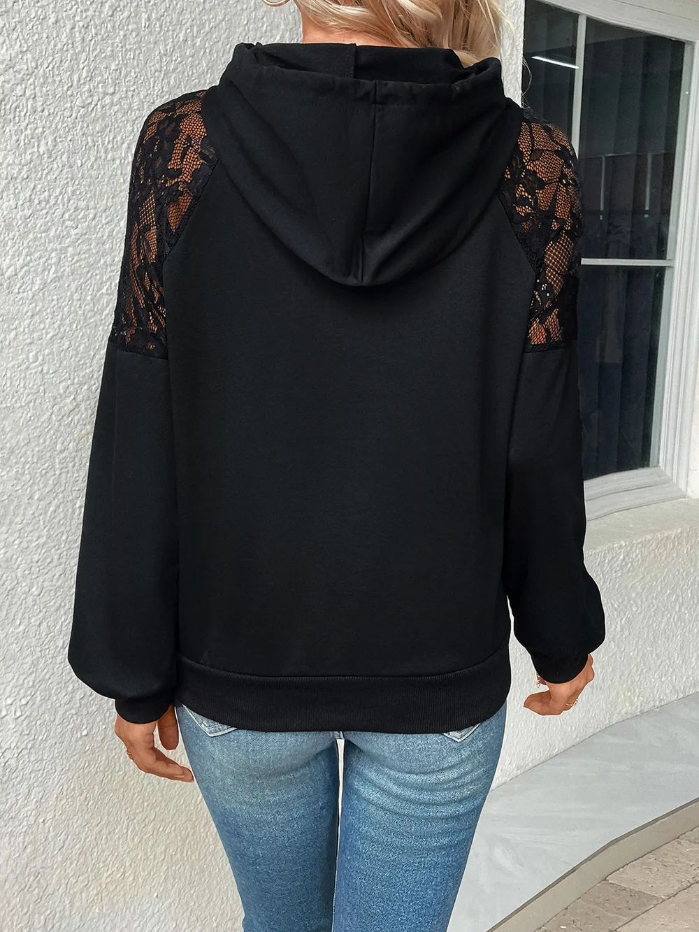 Lace Detail Drawstring Long Sleeve Hoodie, image 4