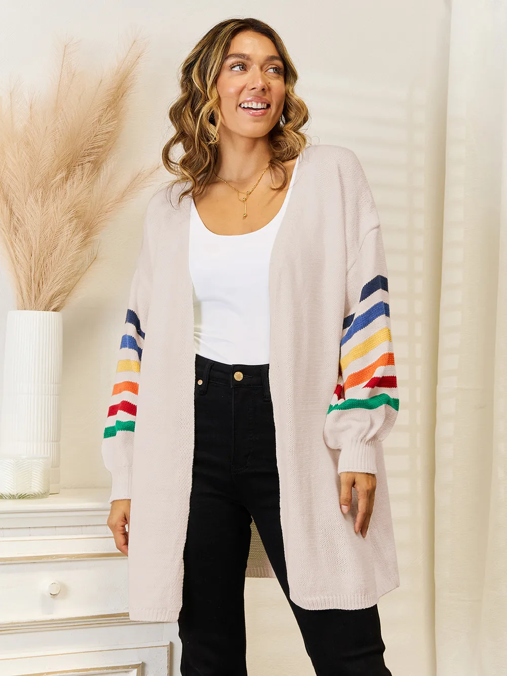 Striped Open Front Dropped Shoulder Cardigan, image 5