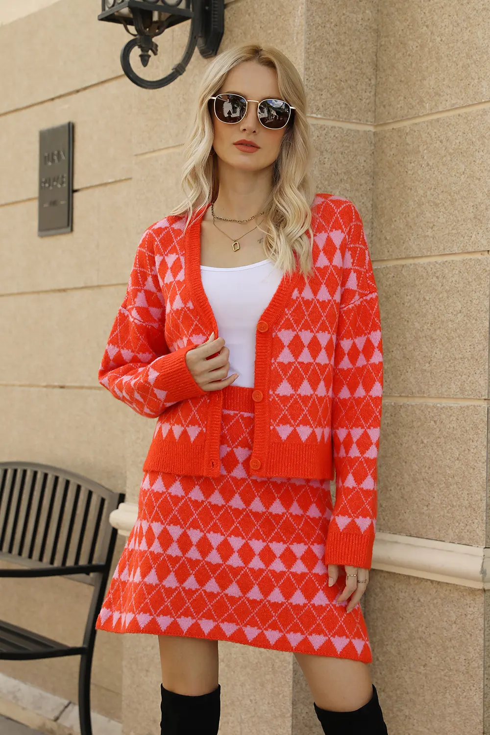 Geometric Button Front Cardigan and Skirt Set, image 4