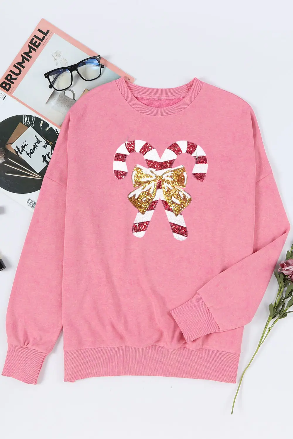 Sequin Candy Cane Round Neck Slit Sweatshirt, image 5