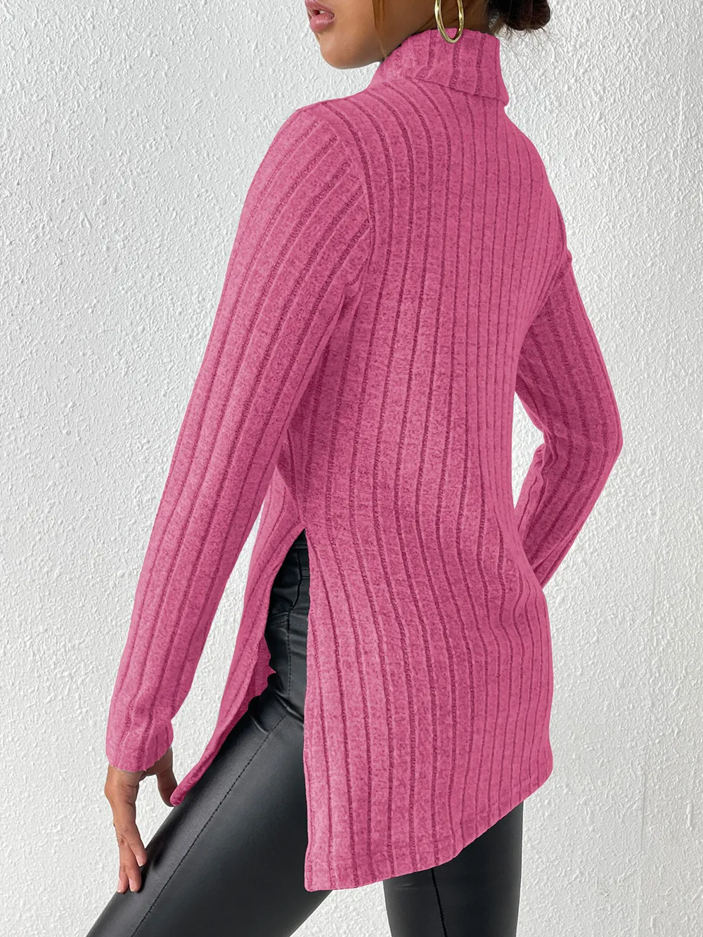 Ribbed Turtleneck Long Sleeve Slit T-Shirt, image 7
