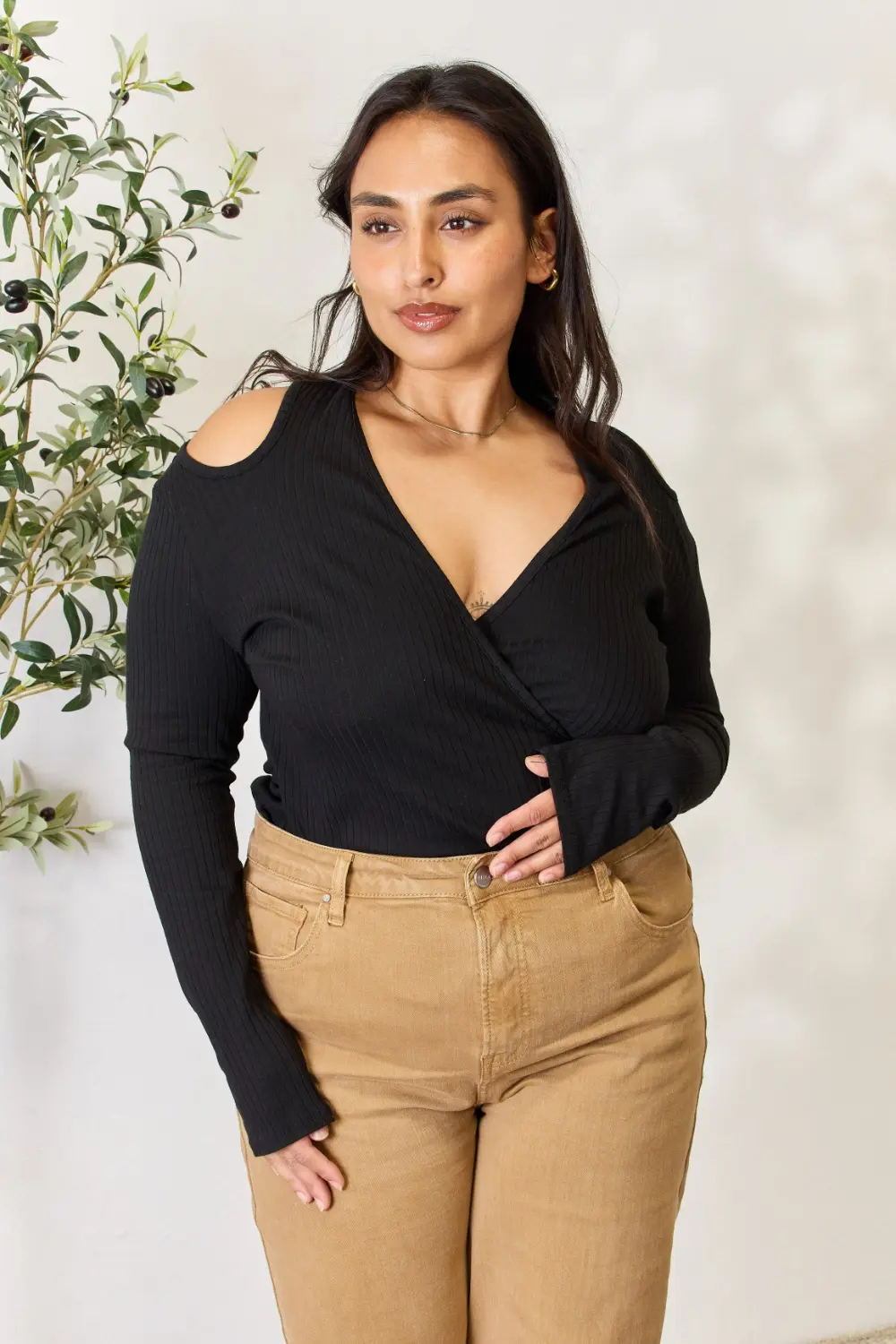 Full Size Ribbed Surplice Cold Shoulder Top, image 8
