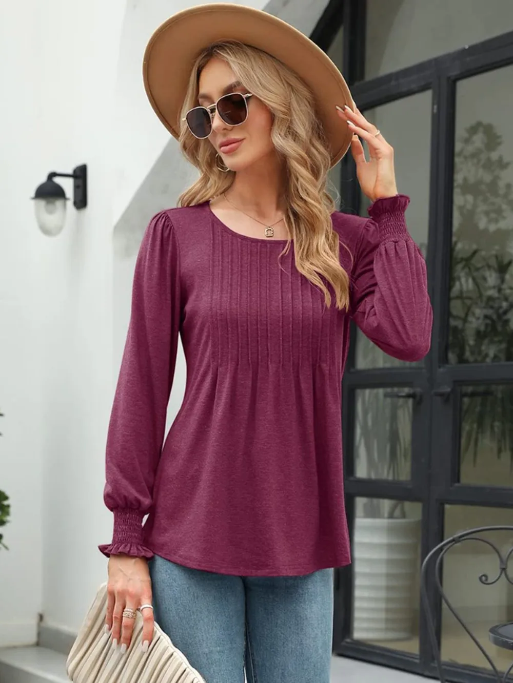 Smocked Round Neck Lantern Sleeve Blouse, image 14