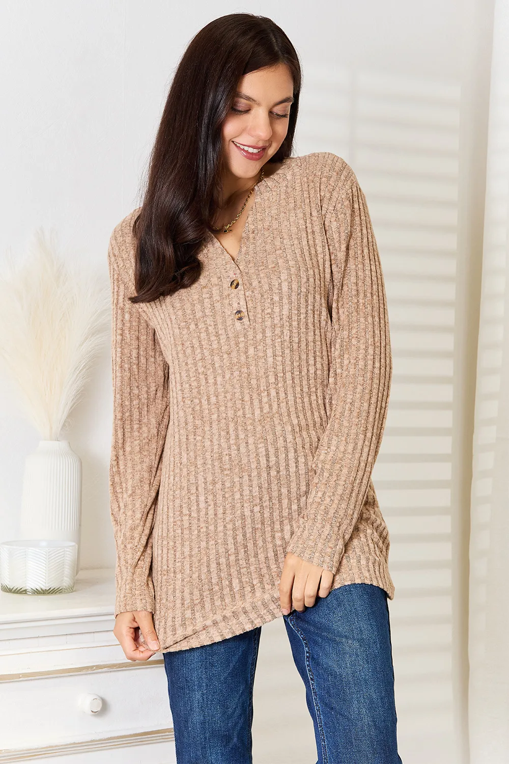 Notched Neck Ribbed Long Sleeve T-Shirt, image 4
