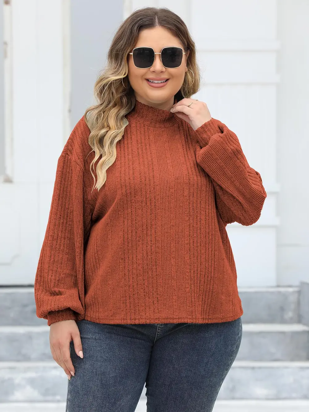 Plus Size Mock Neck Long Sleeve Knit Top, image 9