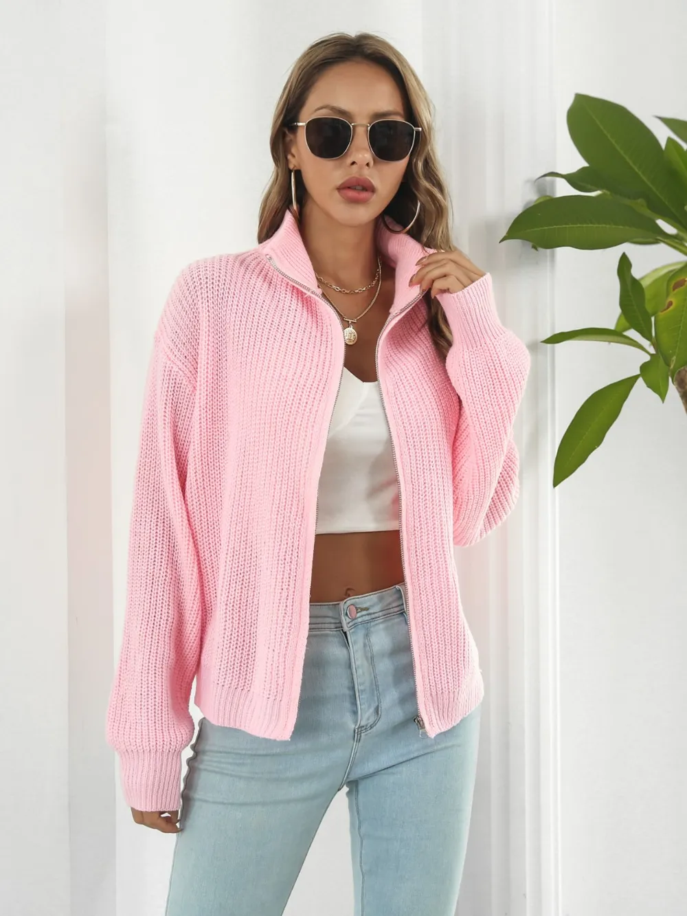 Turtleneck Zip Up Long Sleeve Knit Top, image 7