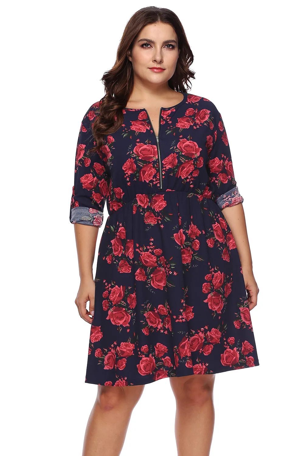 Plus Size Floral Print Half Zip Up Dress, image 3