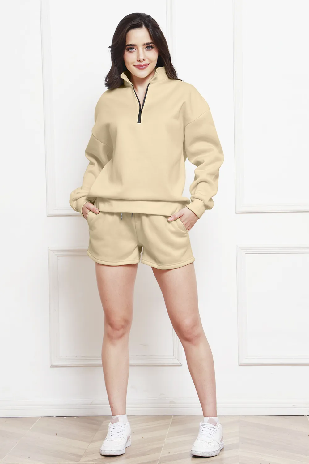 Half Zip Long Sleeve Sweatshirt and Drawstring Shorts Set, image 5