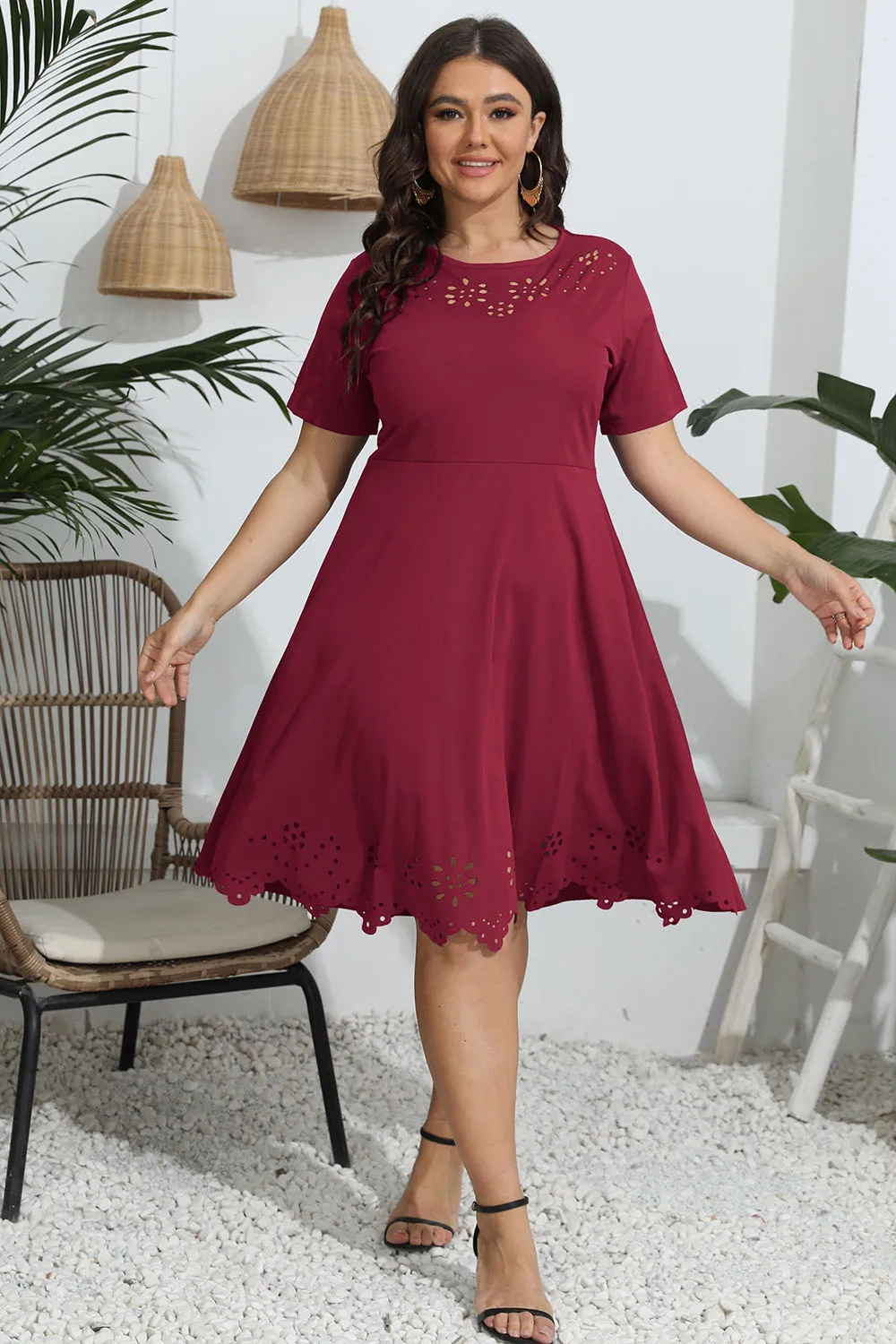 Plus Size Round Neck Openwork Dress, image 2