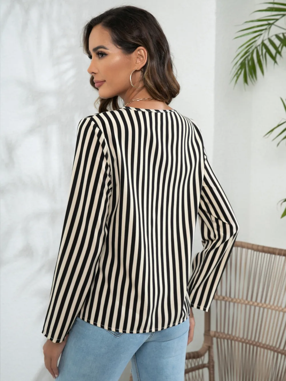 Striped Long Sleeve Notched Blouse, image 6
