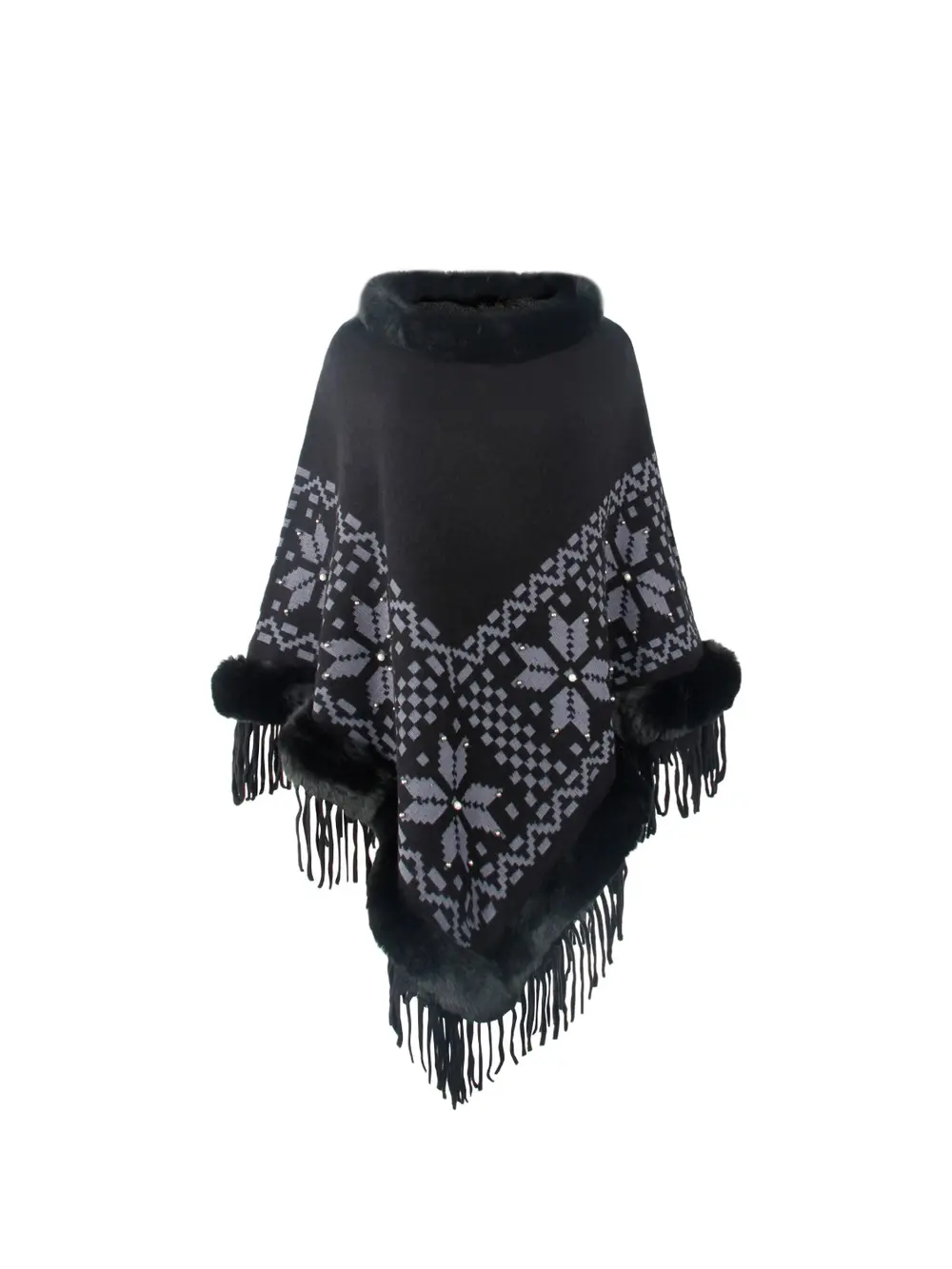 Fringe Geometric Cape Sleeve Poncho, image 18