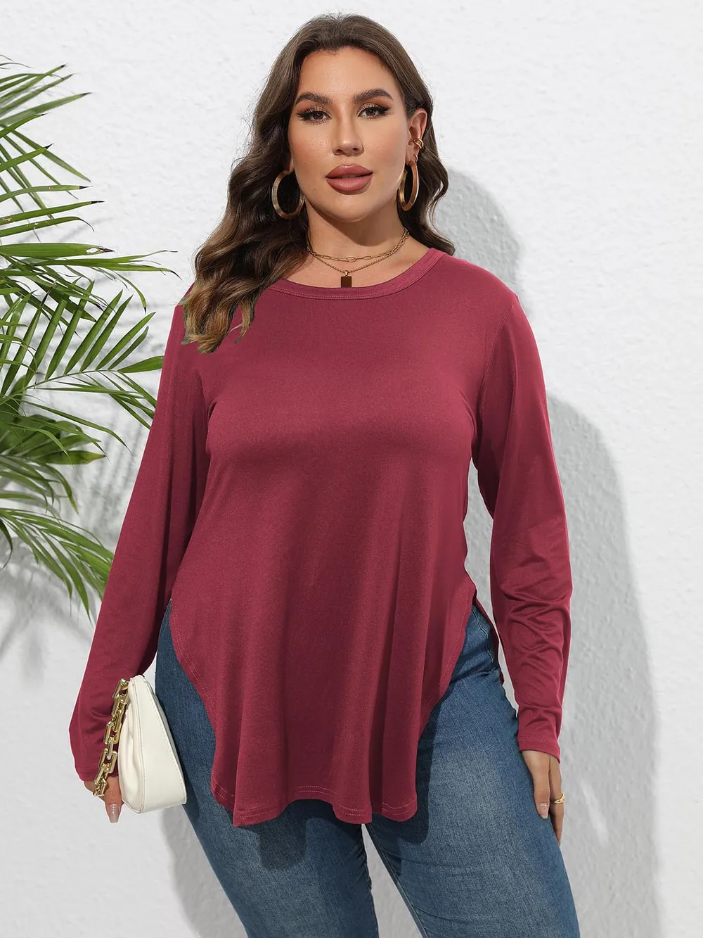 Plus Size Round Neck Long Sleeve Slit T-Shirt, image 13