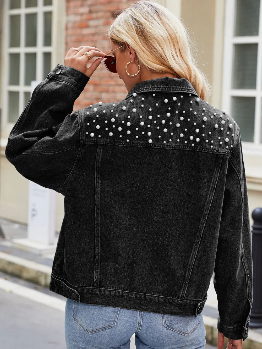 Pearl Detail Collared Neck Long Sleeve Denim Jacket, image 4